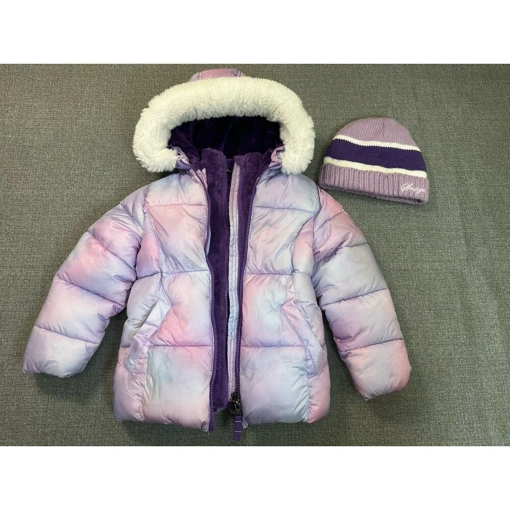 Snozu Girls Purple Pink Hooded Faux Fur Trim Quilted Puffer Snow Jacket Size 5T
